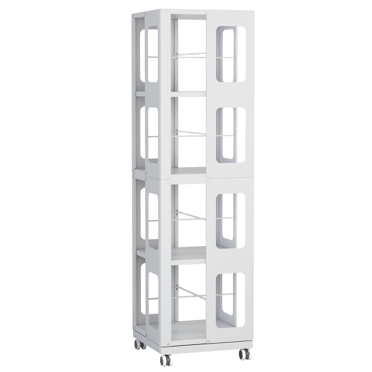 Large White Steel Rotating Bookshelf with 360° Wheels for Storage for Living Room