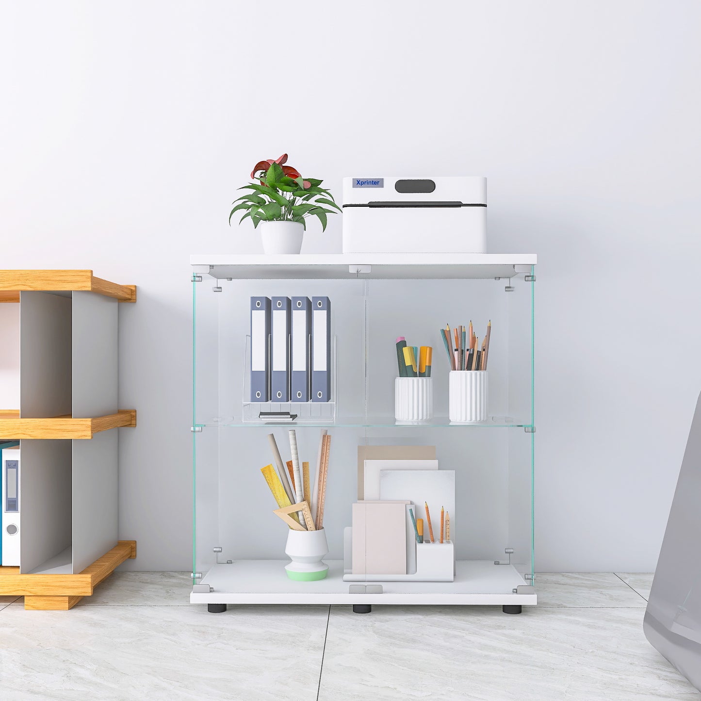 Glass Display Cabinet - 2 Shelf White Curio Storage