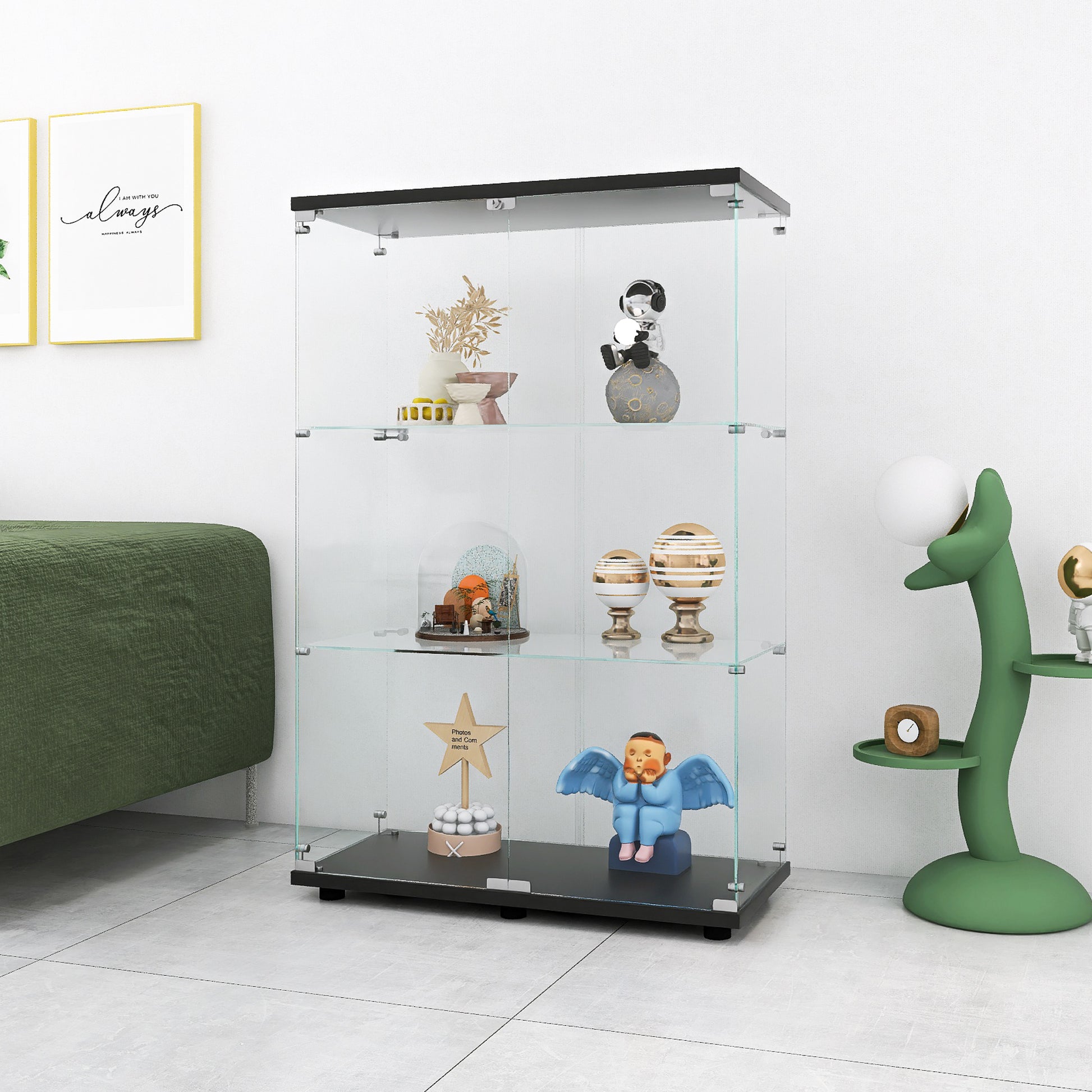 Two-door Glass Display Cabinet 3 Shelves with Door, Floor Standing Curio Bookshelf for Living Room Bedroom Office, 49.3"*31.7"*14.3",Black