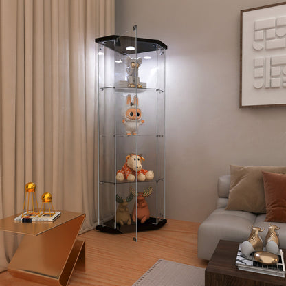 Glass Display Cabinet with 4 Shelves,Pentagon,LED,Curio Cabinets for Living Room, Bedroom, Office, Black Floor Standing Glass Bookshelf, Quick Installation