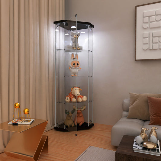 Glass Display Cabinet with 4 Shelves,Pentagon,LED,Curio Cabinets for Living Room, Bedroom, Office, Black Floor Standing Glass Bookshelf, Quick Installation