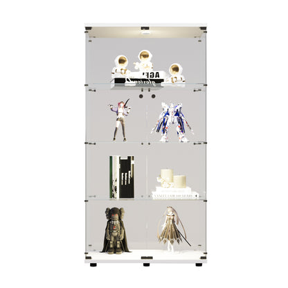 Two-door LED lights  Glass Display Cabinet 4 Shelves with Door, Floor Standing Curio Bookshelf for Living Room Bedroom Office, 64.7"*31.7"*14.3", White