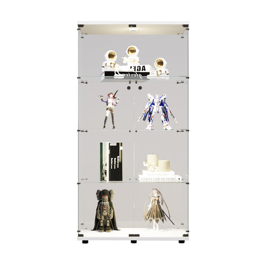 Two-door LED lights  Glass Display Cabinet 4 Shelves with Door, Floor Standing Curio Bookshelf for Living Room Bedroom Office, 64.7"*31.7"*14.3", White