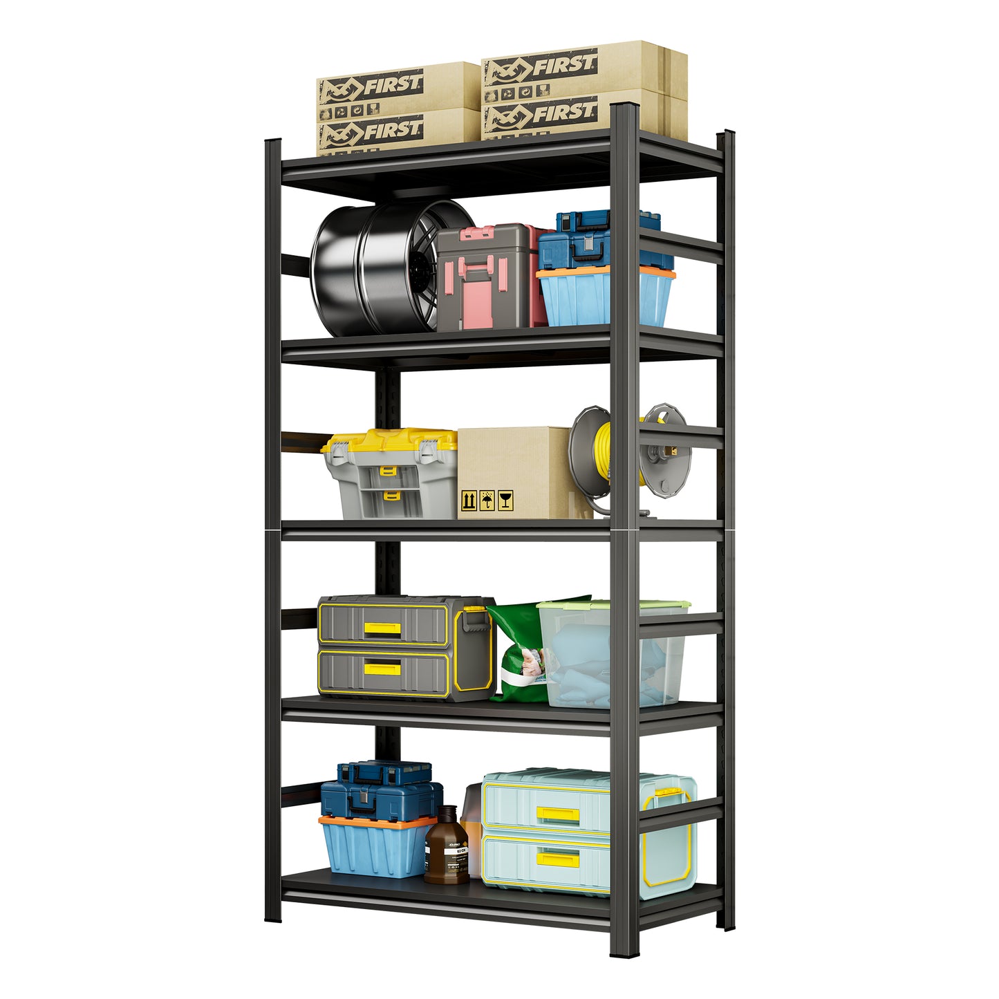 87 "H heavy-duty storage rack, five layer adjustable metal shelf, suitable for tool rooms, garages, supermarkets, etc., black, requiring assembly, 87"H * 47"W * 23.6"D