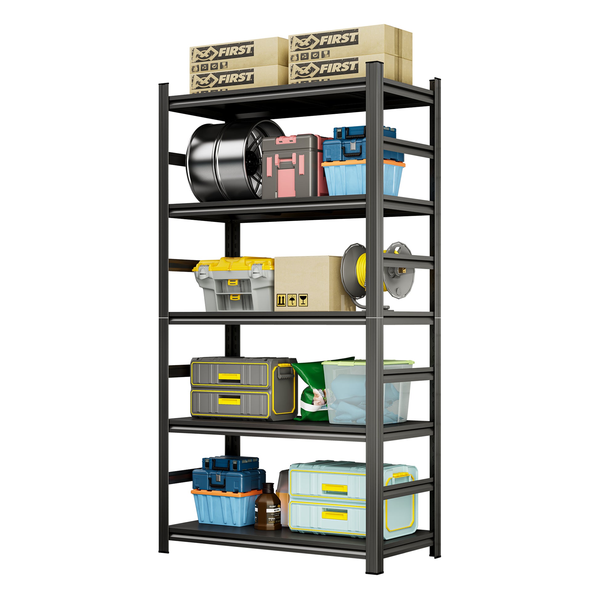87 "H heavy-duty storage rack, five layer adjustable metal shelf, suitable for tool rooms, garages, supermarkets, etc., black, requiring assembly, 87"H * 47"W * 23.6"D