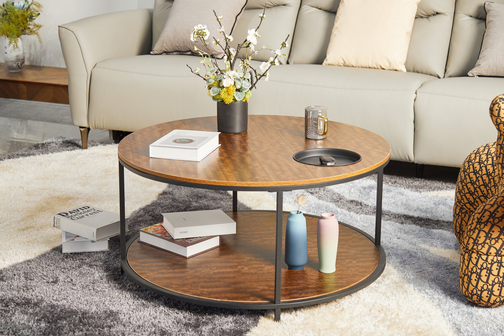 Round Coffee Table with Storage - Black Brown Wood Metal for Living Room