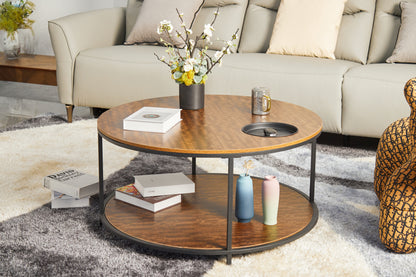 Round Coffee Table with Storage - Black Brown Wood Metal for Living Room