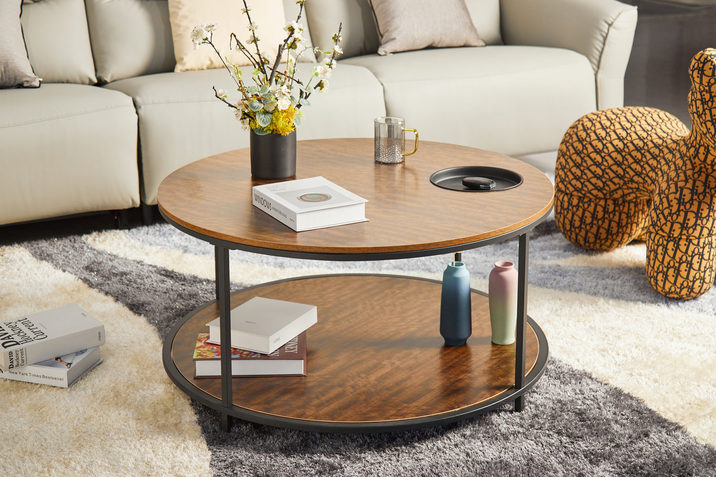 Round Coffee Table with Storage - Black Brown Wood Metal for Living Room