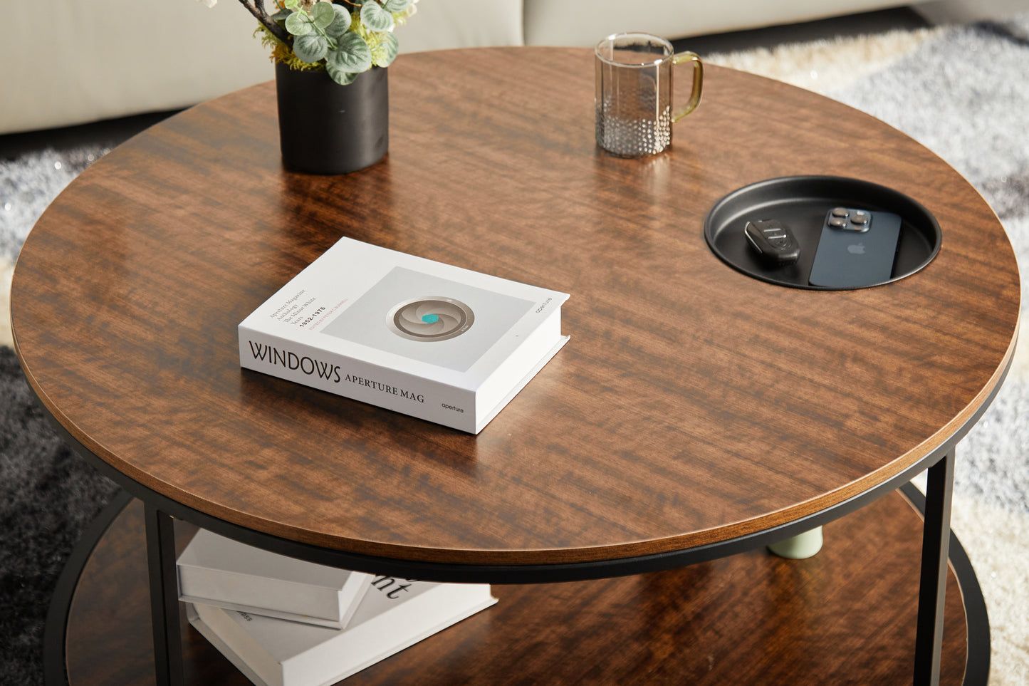 Round Coffee Table with Storage - Black Brown Wood Metal for Living Room