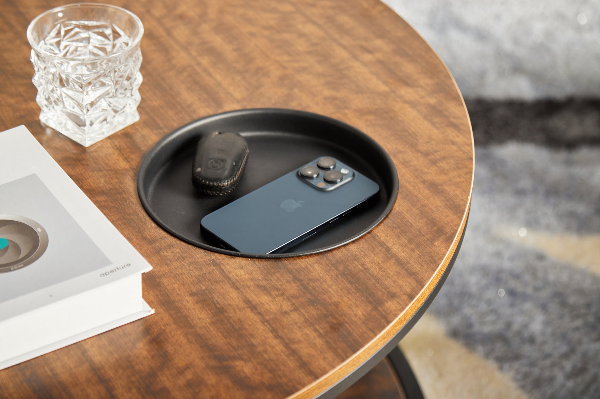 Round Coffee Table with Storage - Black Brown Wood Metal for Living Room