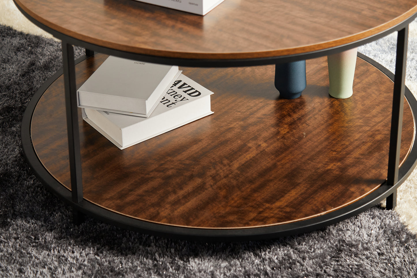 Round Coffee Table with Storage - Black Brown Wood Metal for Living Room