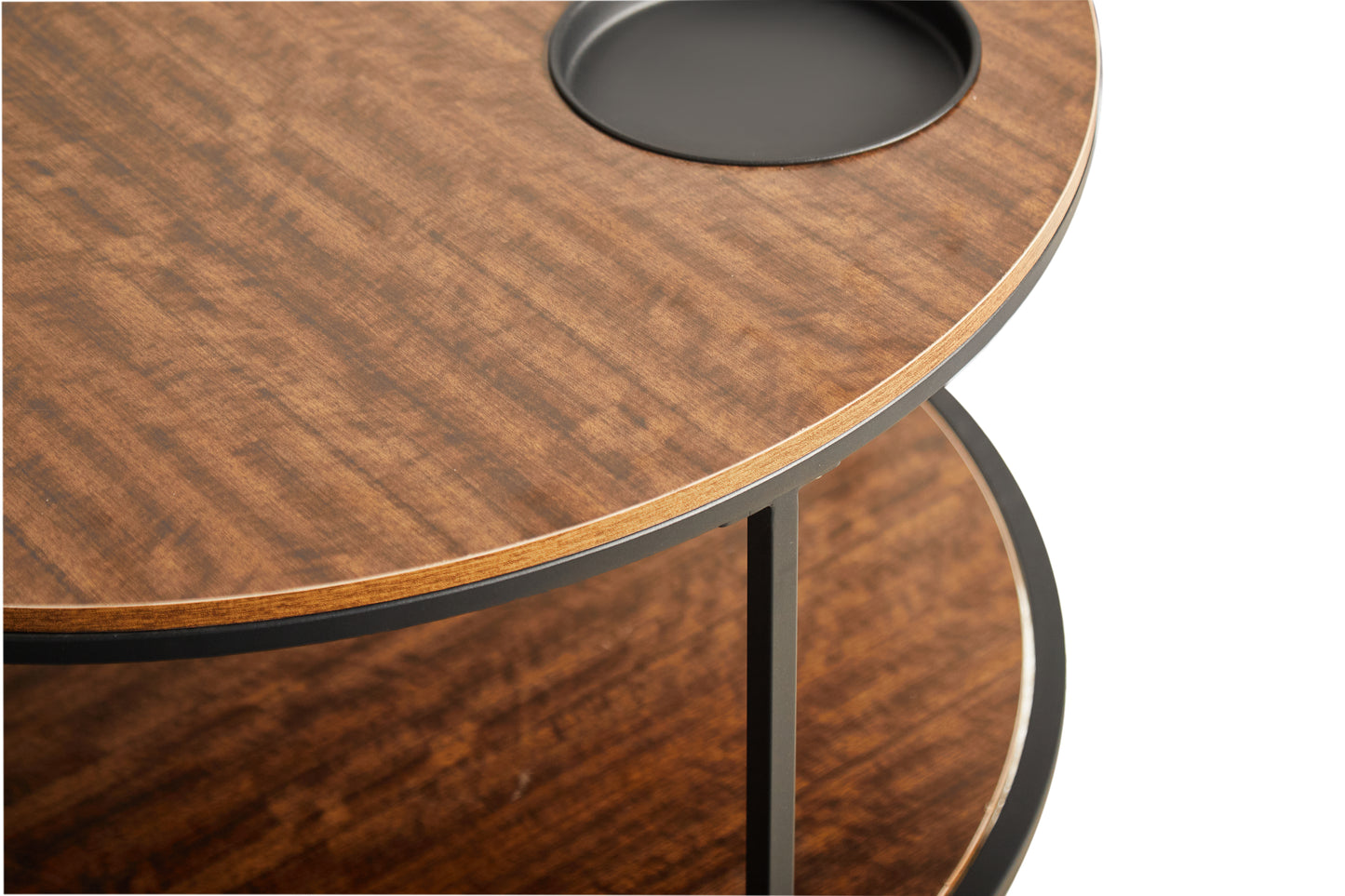 Round Coffee Table with Storage - Black Brown Wood Metal for Living Room