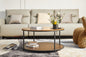 Round coffee table in antique wood color, 34.64-inch living room coffee table, a simple tabletop with two layers of storage racks and storage trays, modern design home furniture