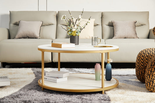 White and gold round coffee table, 34.64-inch living room coffee table, a simple two-layer tabletop with storage racks and storage trays, modern design home furniture