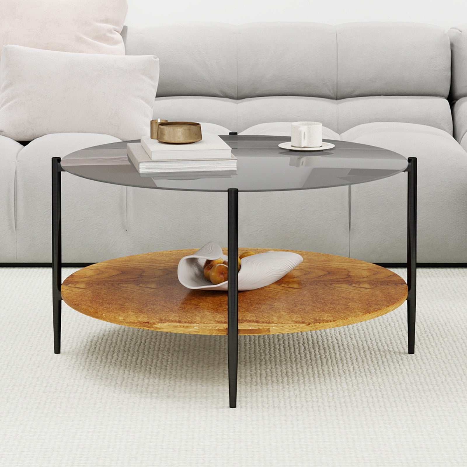 Mid-Century Modern Coffee Table with Glass Top + Wooden Storage Shelf, Black Metal Frame, Round Design, Space-Saving, 32.28 Inches, Black Transparent Mid-Century Modern Coffee Table with Glass Top + W