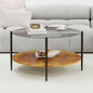 Mid-Century Modern Coffee Table with Glass Top + Wooden Storage Shelf, Black Metal Frame, Round Design, Space-Saving, 32.28 Inches, Black Transparent Mid-Century Modern Coffee Table with Glass Top + W