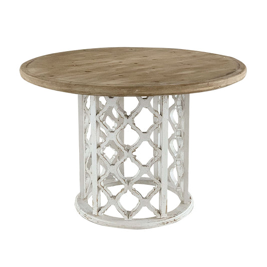 47x47x31" Round Wooden Dining Table with Ornate Cut-Out Base, Brown/White