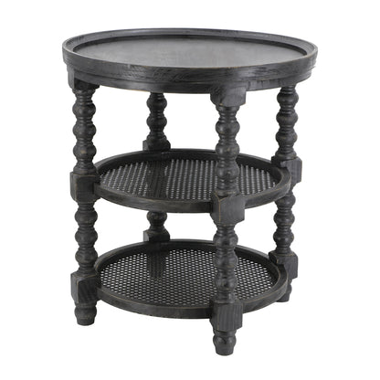 D23.5 x 25" Round Three Tiered Side Table with Rattan Shelf, Black