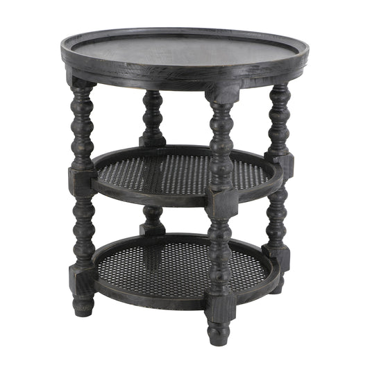 D23.5 x 25" Round Three Tiered Side Table with Rattan Shelf, Black