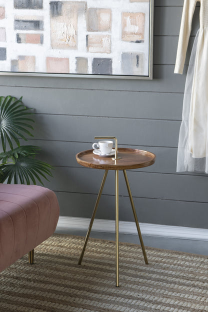 Acacia Wood Side Table with Tripod Steel Legs, Brown/Gold, 16x23.5"