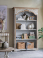 47x17.5x82.5" Large Four-Tiered Wooden Bookshelf with Arched Top and Earthy White and Beige Distressed Finish