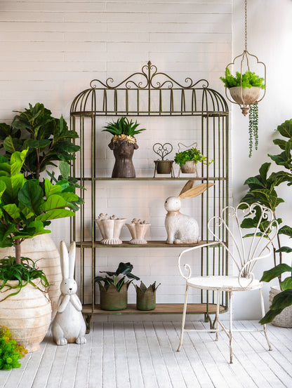 47x16.5x80" Vintage-Inspired Three-Tiered Iron Shelving Unit with Weathered Green Finish and Wooden Shelves