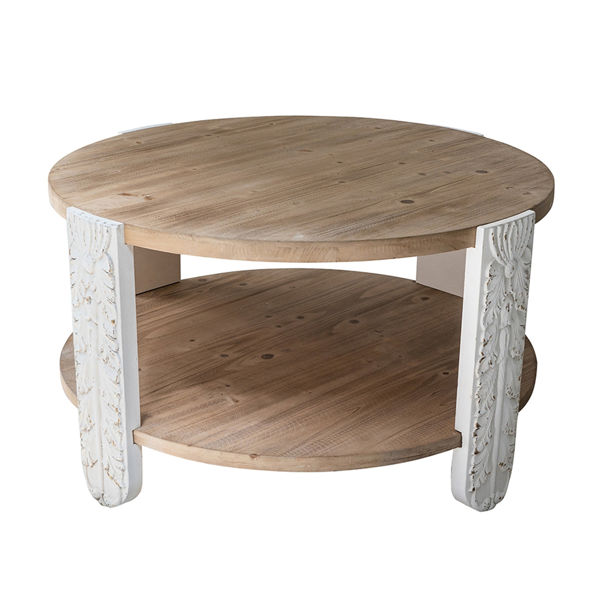 Round Brown White Coffee Table with Storage Shelf