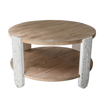 Round Brown White Coffee Table with Storage Shelf