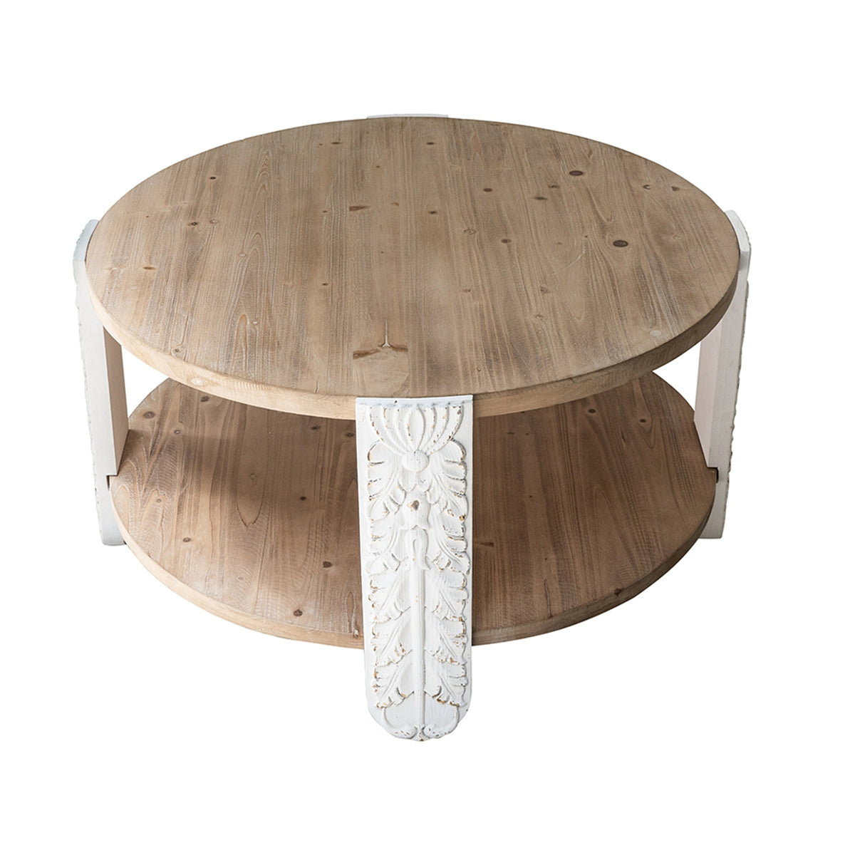Round Brown White Coffee Table with Storage Shelf