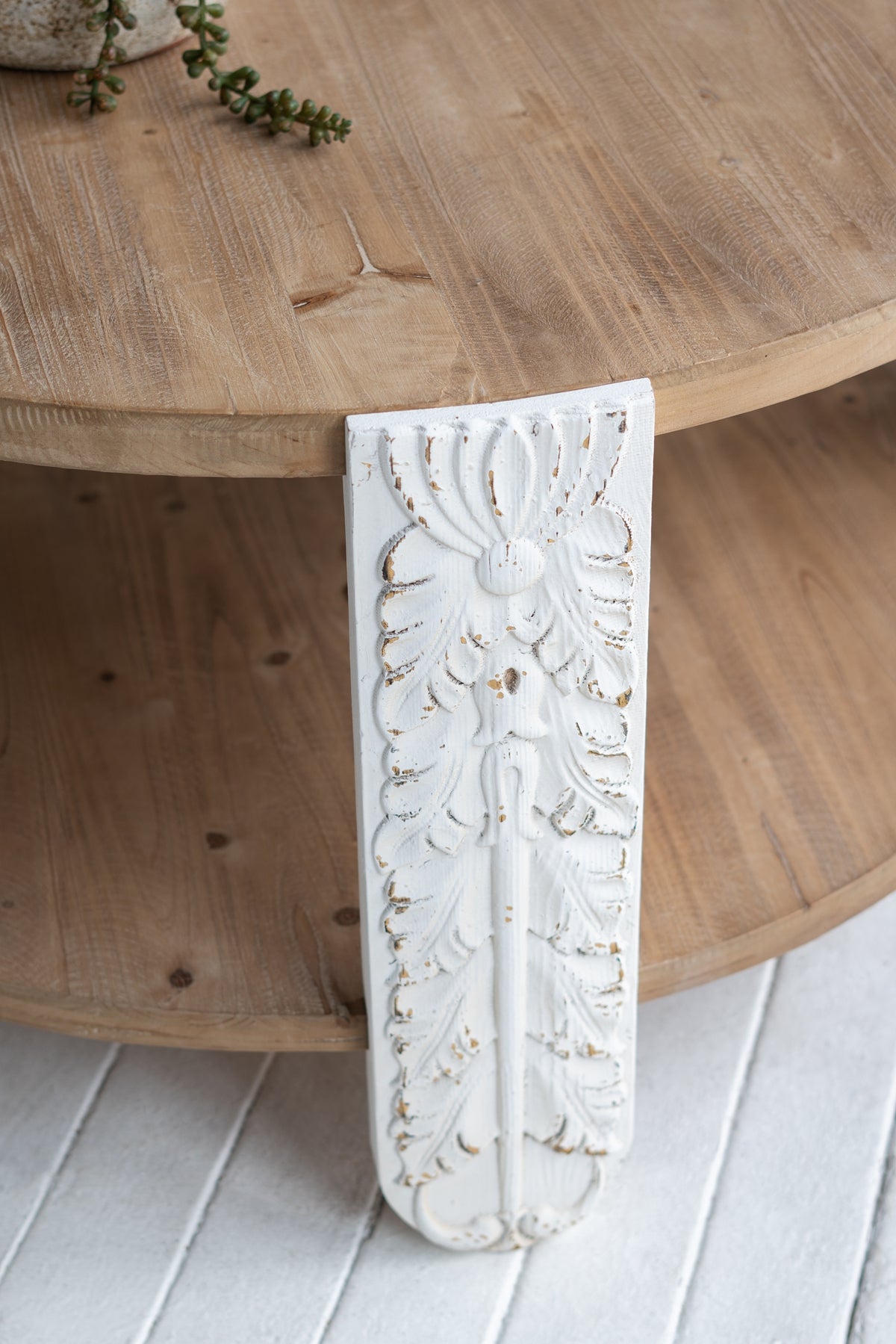 Round Brown White Coffee Table with Storage Shelf