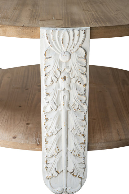 Round Brown White Coffee Table with Storage Shelf