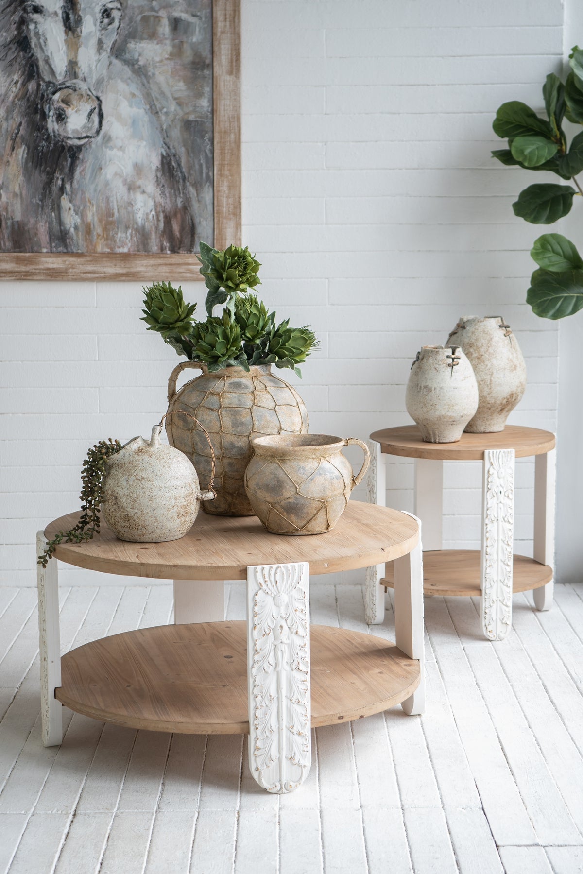 Round Brown White Coffee Table with Storage Shelf