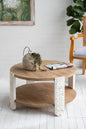 31.5x31.5x17.7" Round Wooden Coffee Table with Natural Brown Finish, Carved White Legs, and Lower Storage Shelf