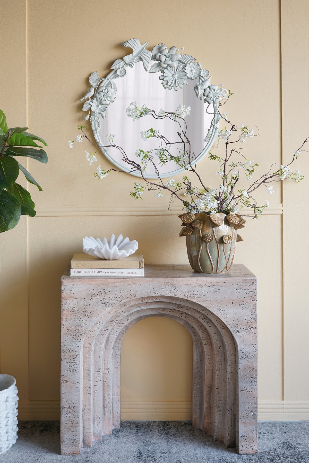 32.3x14.2x29.9" Modern Arched Sculptural Console Table with Beige Faux Travertine Finish