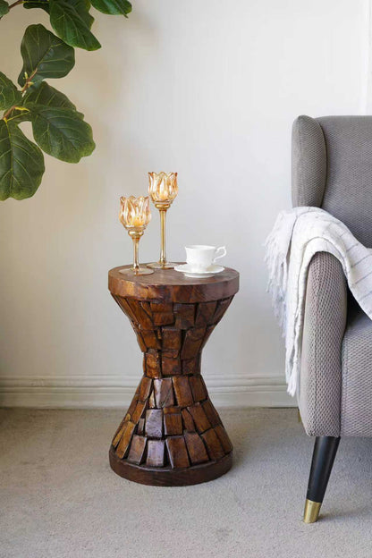 11.8x11.8x18.1" Brown Paulownia Wood Hourglass Table with Textured Mosaic Design