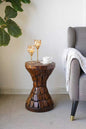11.8x11.8x18.1" Brown Paulownia Wood Hourglass Table with Textured Mosaic Design