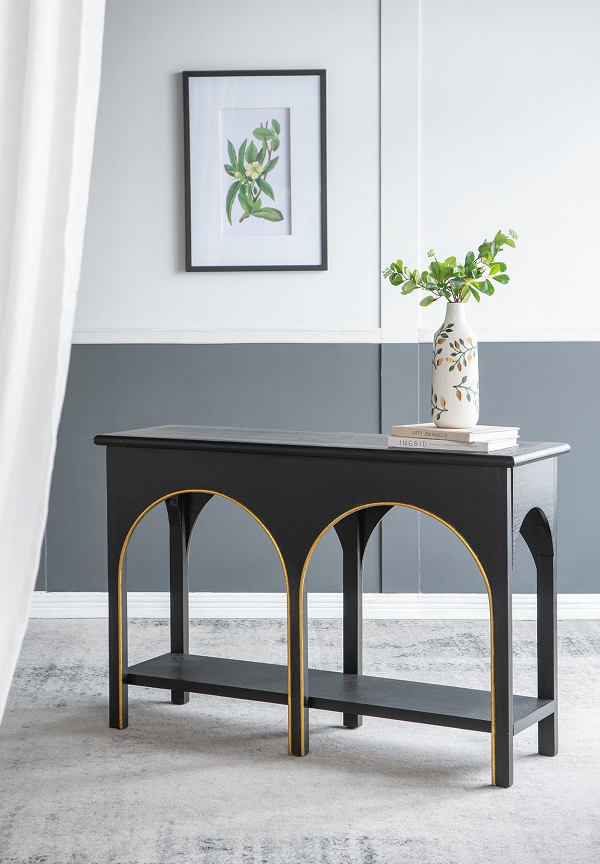 47.2x15.7x31.9" Black Wooden Console Table with Gold Accents