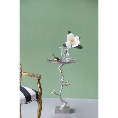 16.9x16.9x28" Round Aluminum Side Table with Silver Branch Design and Gold Bird Accents