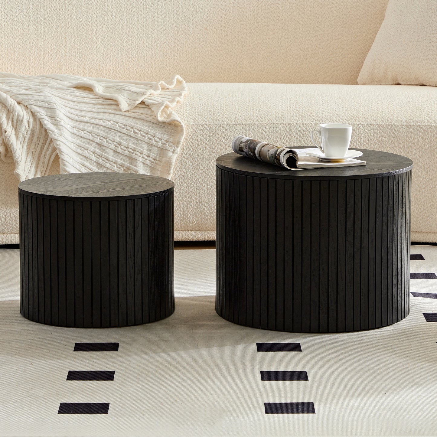 Round Black MDF Nested Table Set - 2 Pieces for Living Room