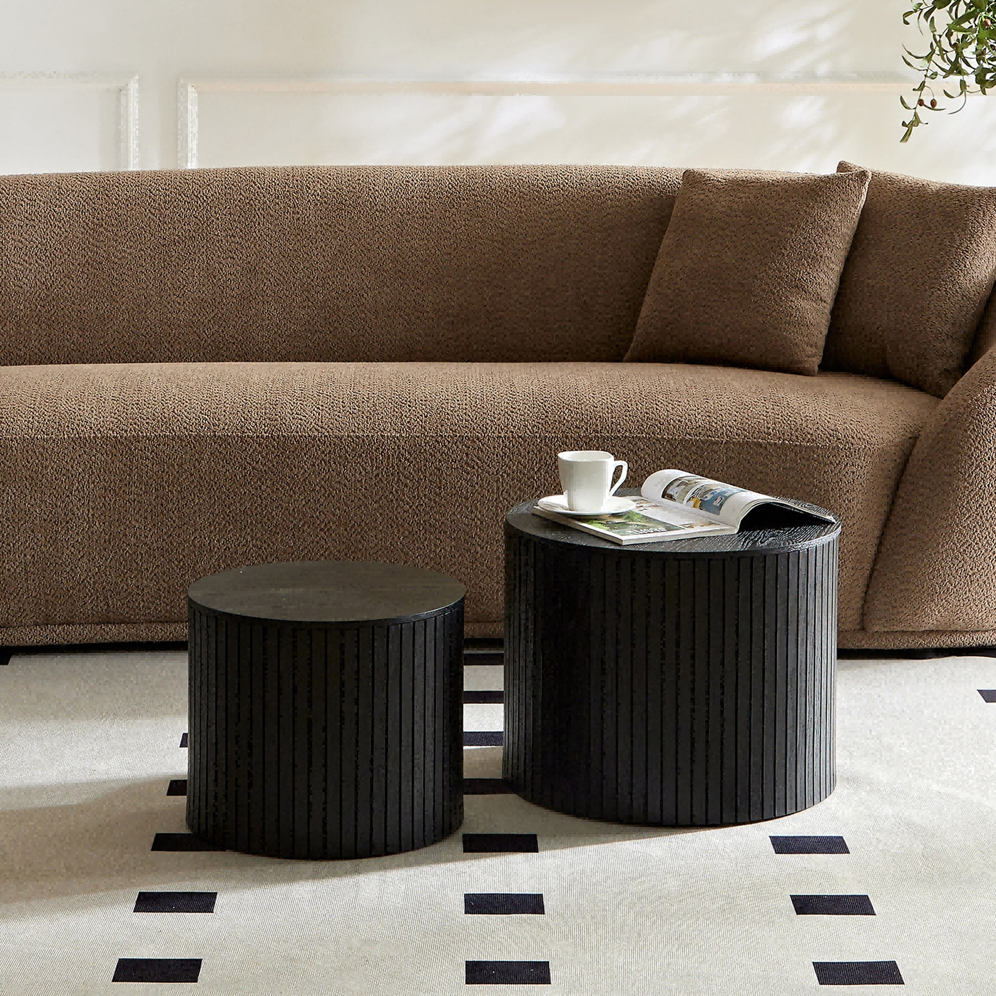 Round Black MDF Nested Table Set - 2 Pieces for Living Room