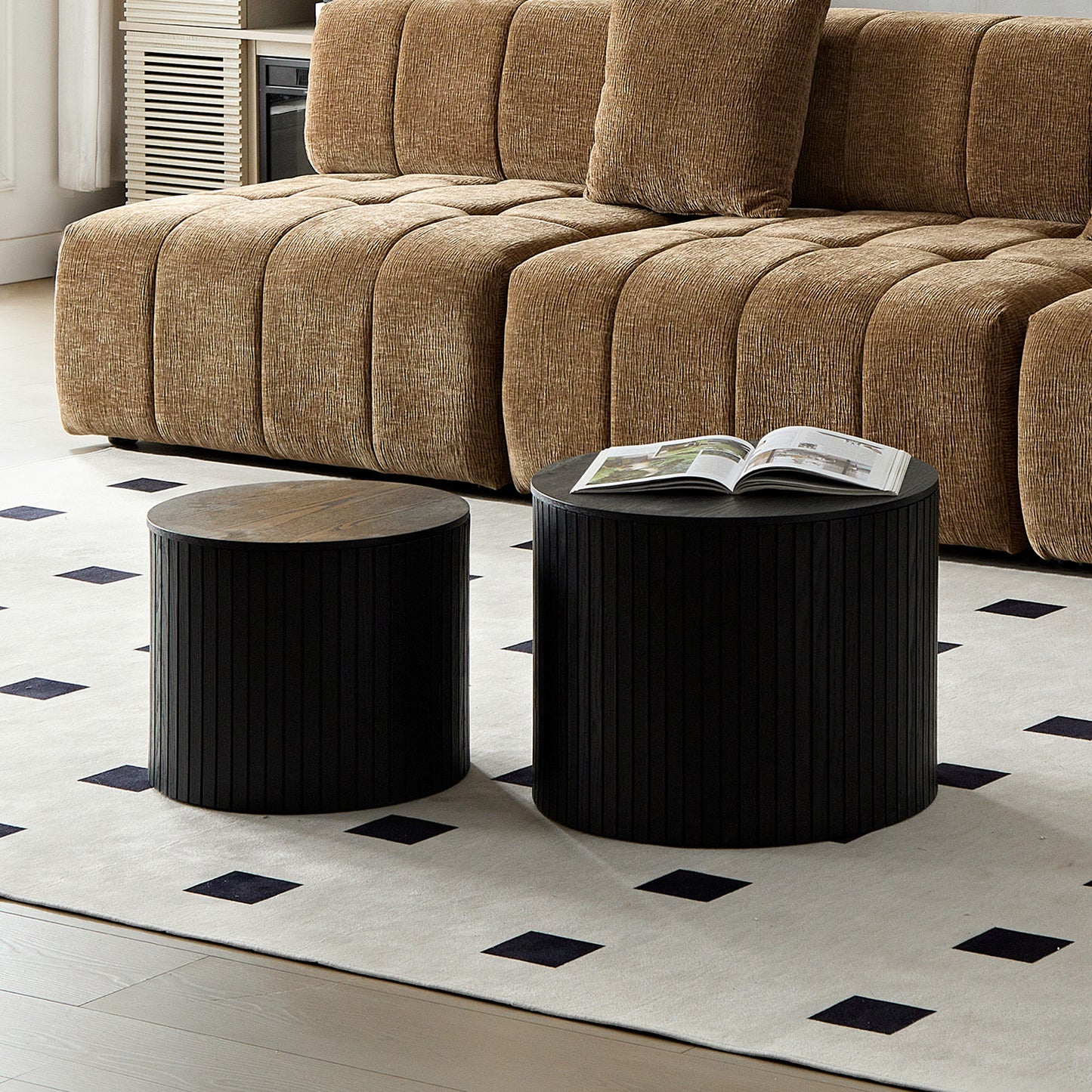 Round Black MDF Nested Table Set - 2 Pieces for Living Room