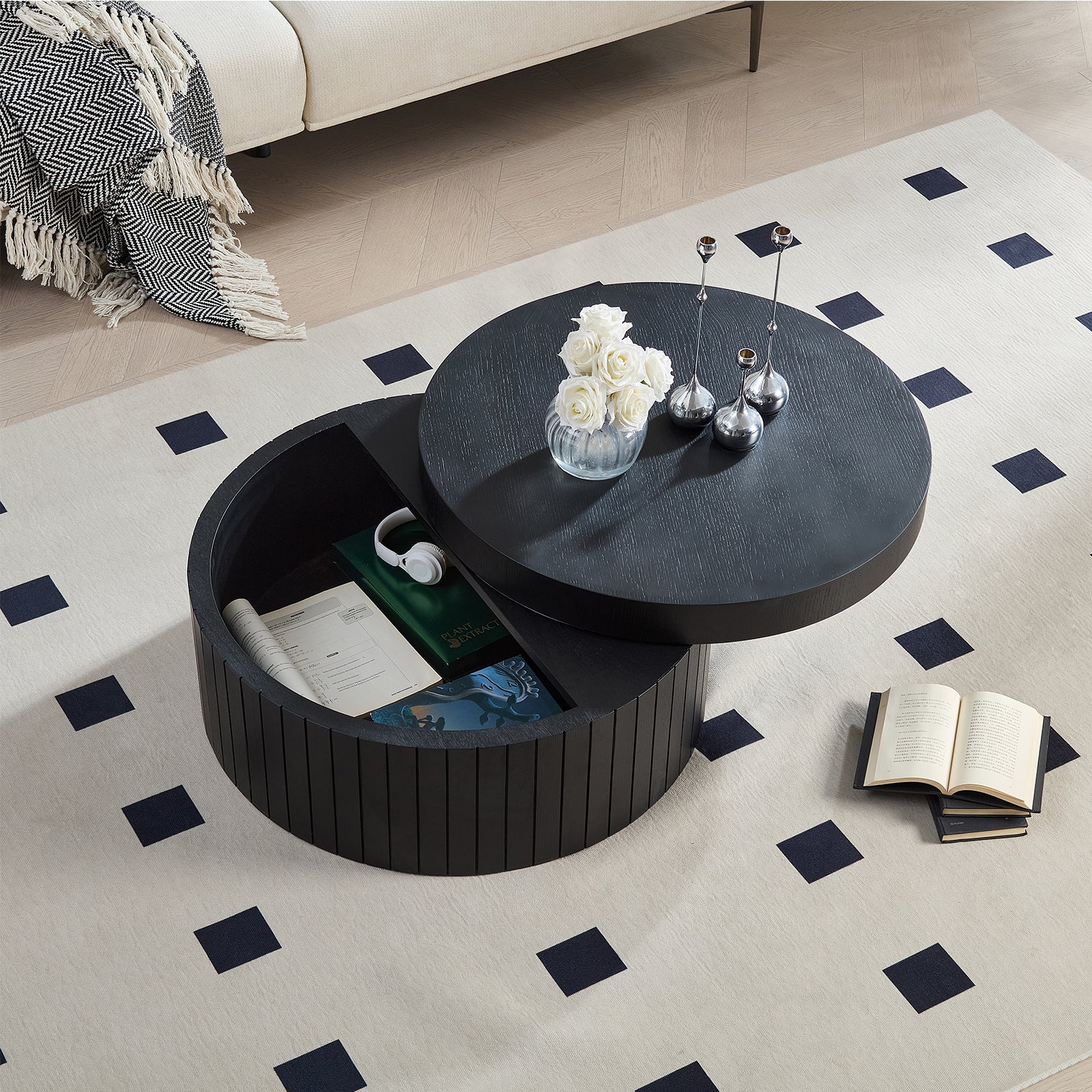 Modern Round Coffee Table with Storage Accent Tea Table for Living Room Bedroom Office Apartment,No Assembly