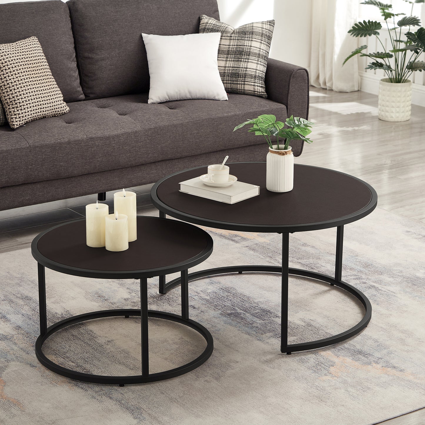 Modern Faux Leather Nesting Round Coffee Table with Black Metal Base,Accent Tea Table for Living Room Set of 2 -Dark Brown