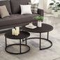 Modern Faux Leather Nesting Round Coffee Table with Black Metal Base,Accent Tea Table for Living Room Set of 2 -Dark Brown