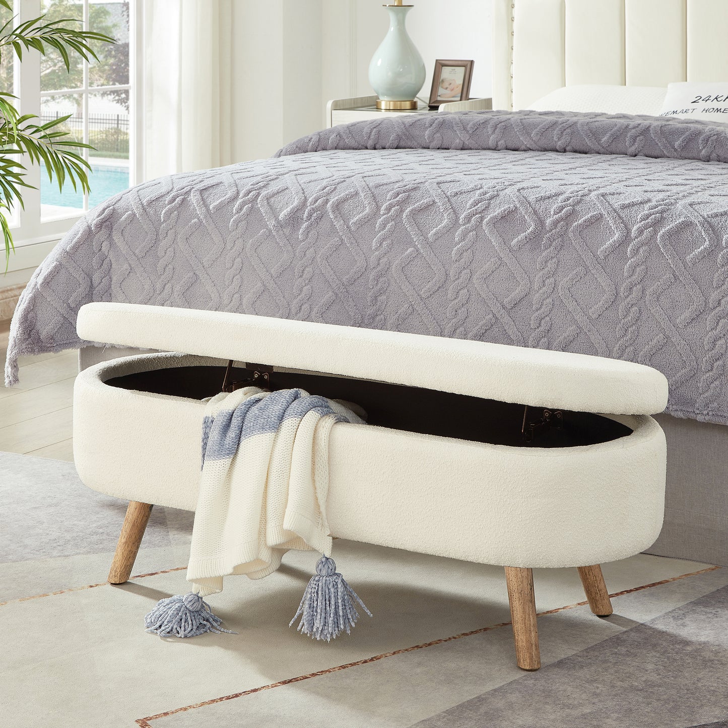 Ivory Boucle Storage Ottoman Bench - 350lb Capacity