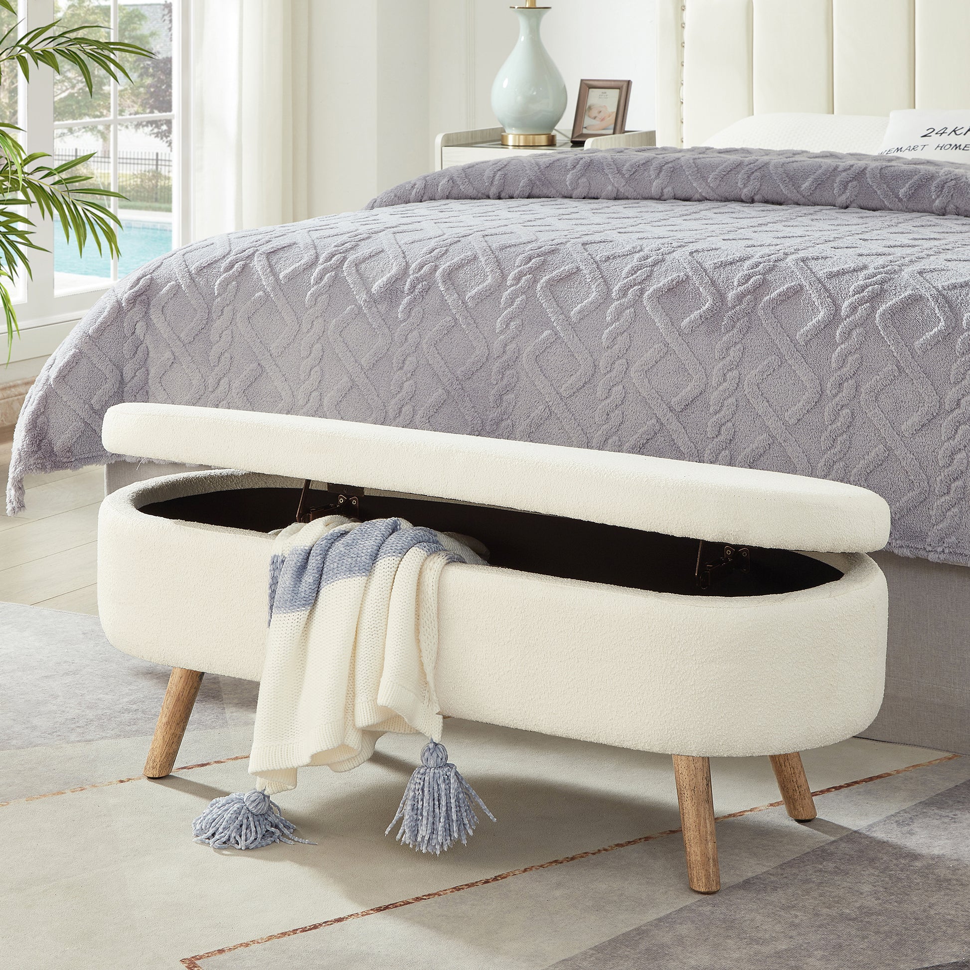 Ivory Boucle Storage Ottoman Bench - 350lb Capacity