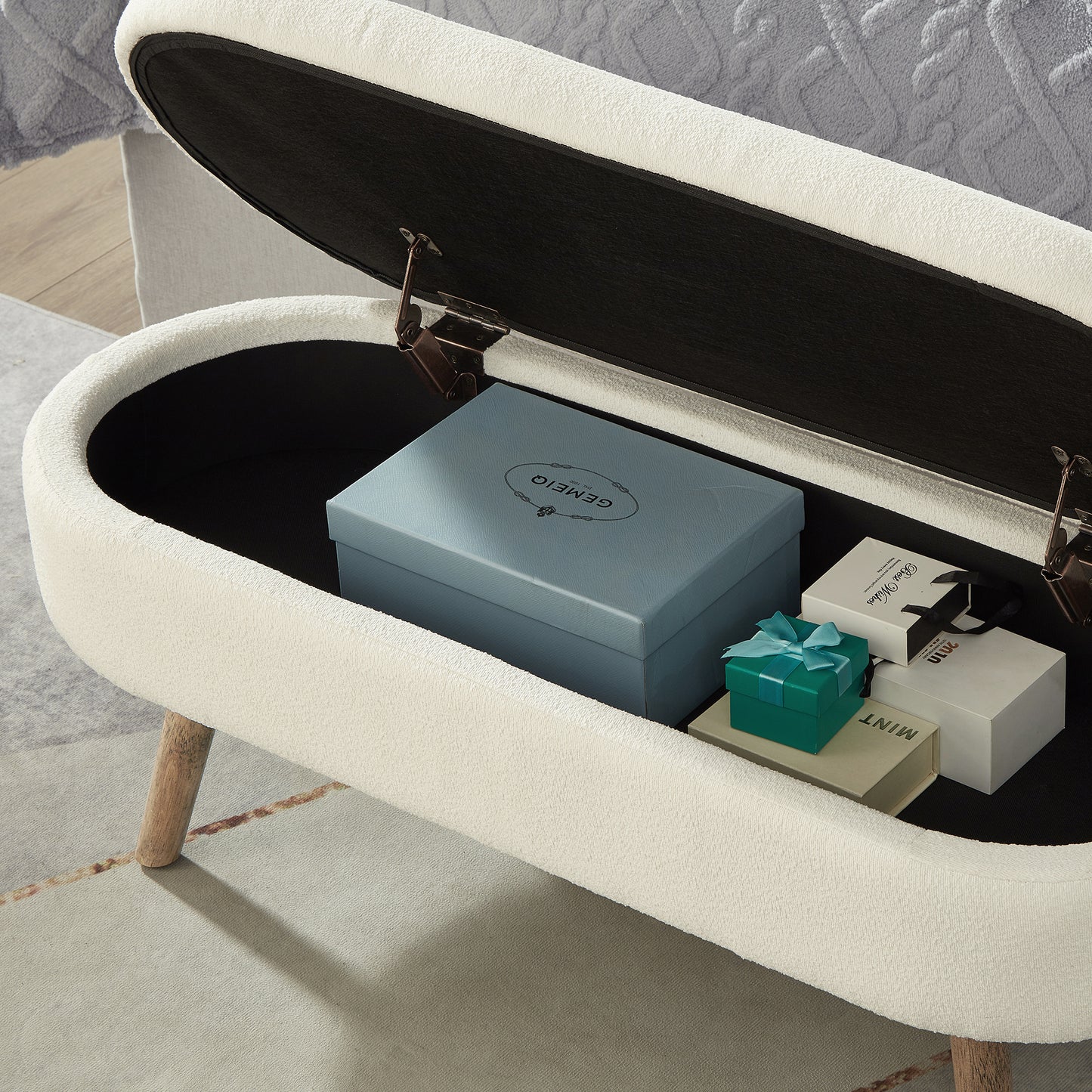 Ivory Boucle Storage Ottoman Bench - 350lb Capacity