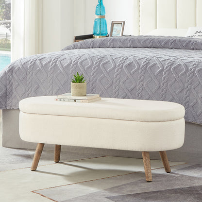 Luxury Oval Boucle Storage Ottoman Bench with Wood Legs 350lb Weight Capacity & Safety Hinge, for Living Room, Bedroom Entryway,IVORY