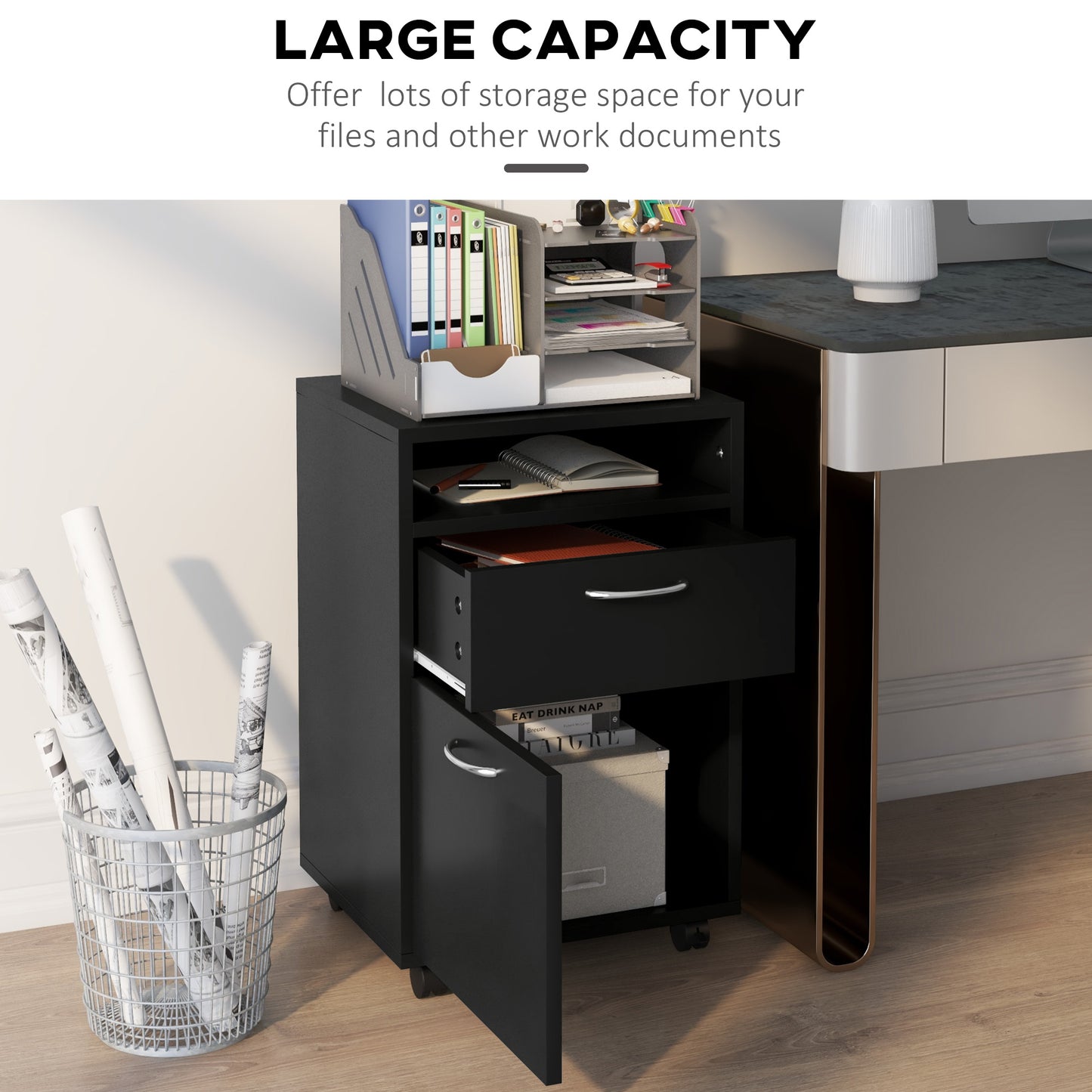 Black Mobile File Cabinet - Desk Storage Unit for Home Office