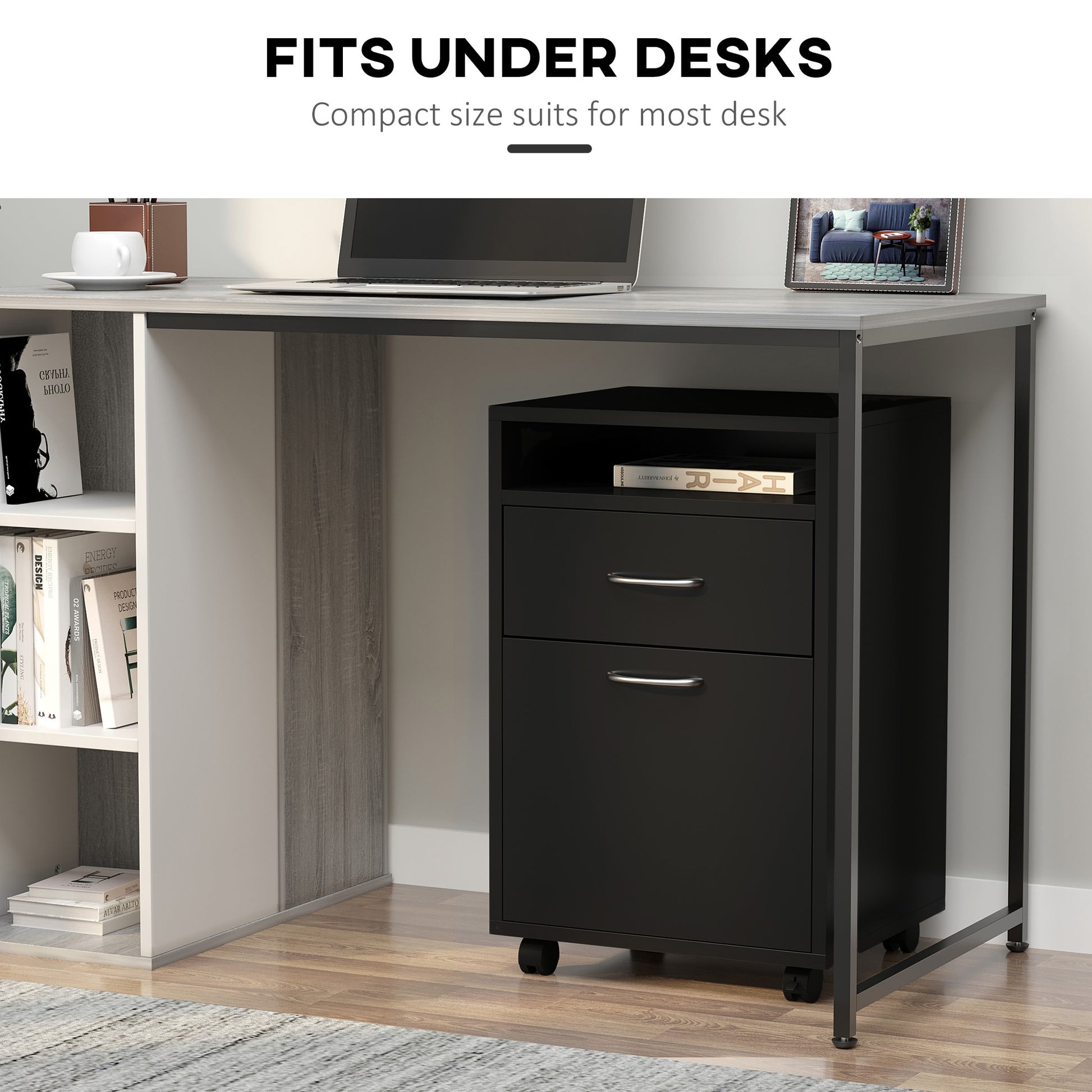 Black Mobile File Cabinet - Desk Storage Unit for Home Office
